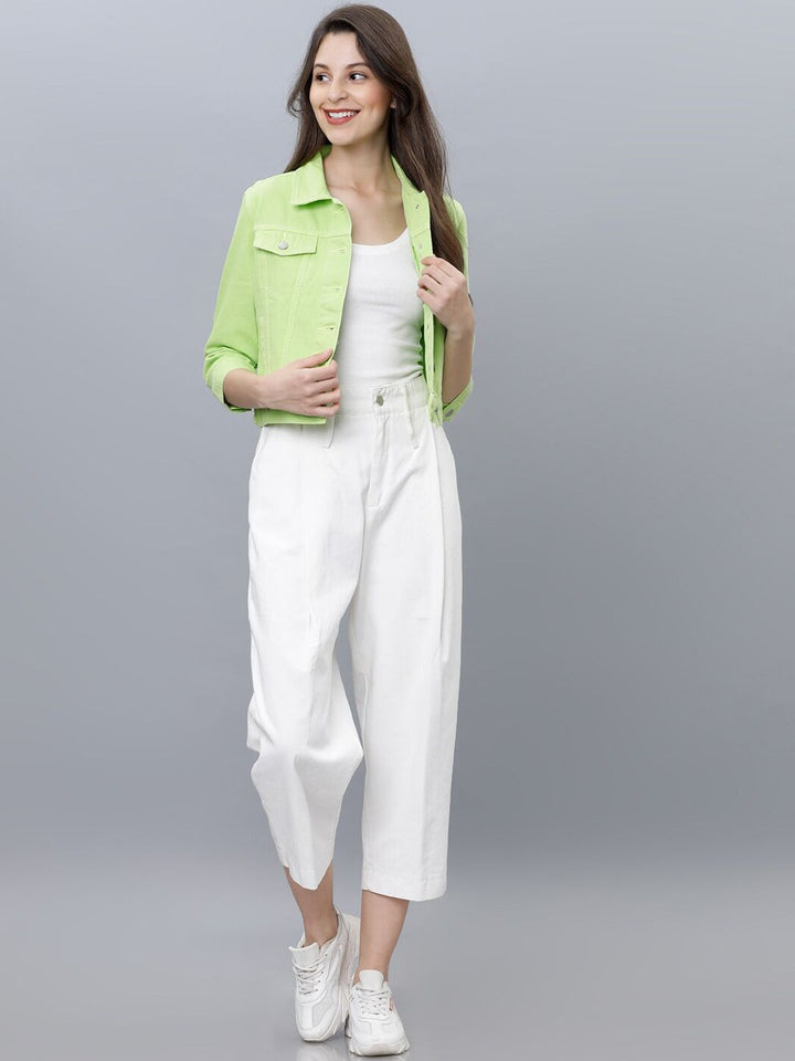 Tokyo Talkies Women Green Solid Denim Jacket