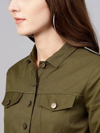 STREET 9 Women Olive Green Solid Crop Jacket