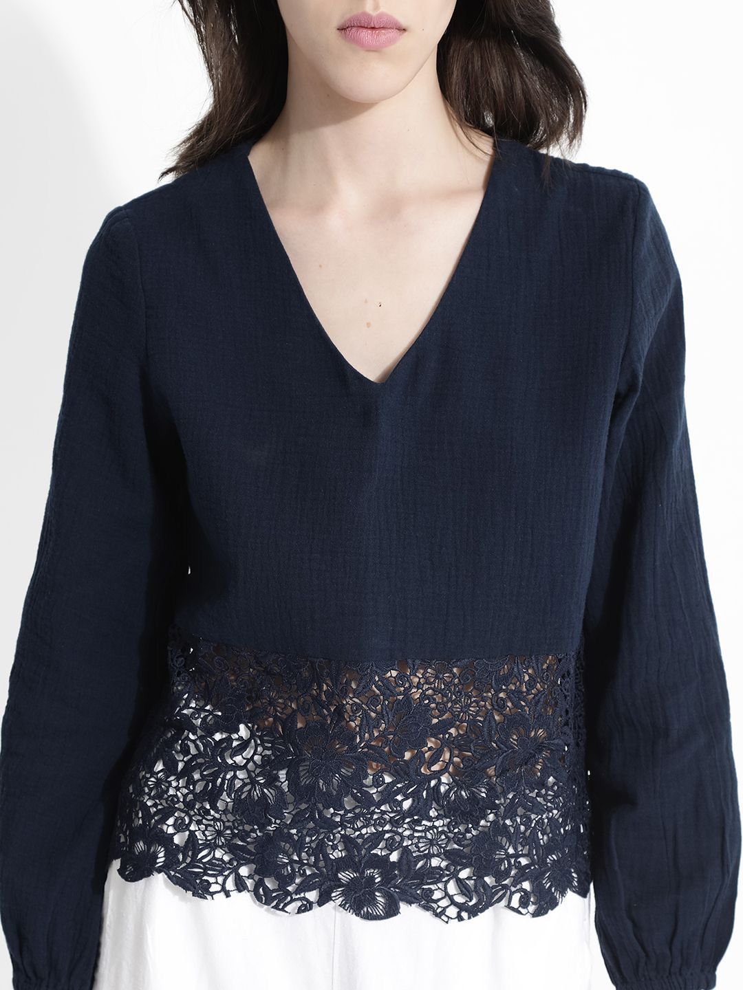 RAREISM Solid V-Neck Cotton Top