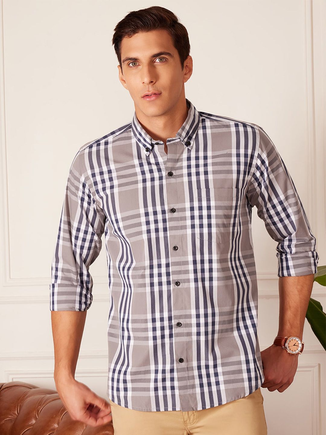 DENNISON Smart Tartan Checks Checked Button-Down Collar Cotton Casual Shirt