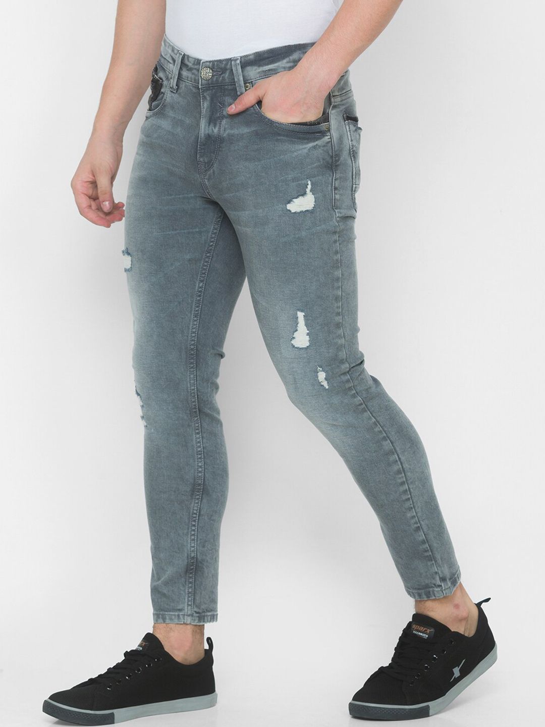 SPYKAR Men Grey Slim Fit Highly Distressed Light Fade Jeans