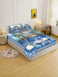 Moda Rapido X KLOTTHE Blue & White Floral 400 TC King Bedsheet with 2 Pillow Covers