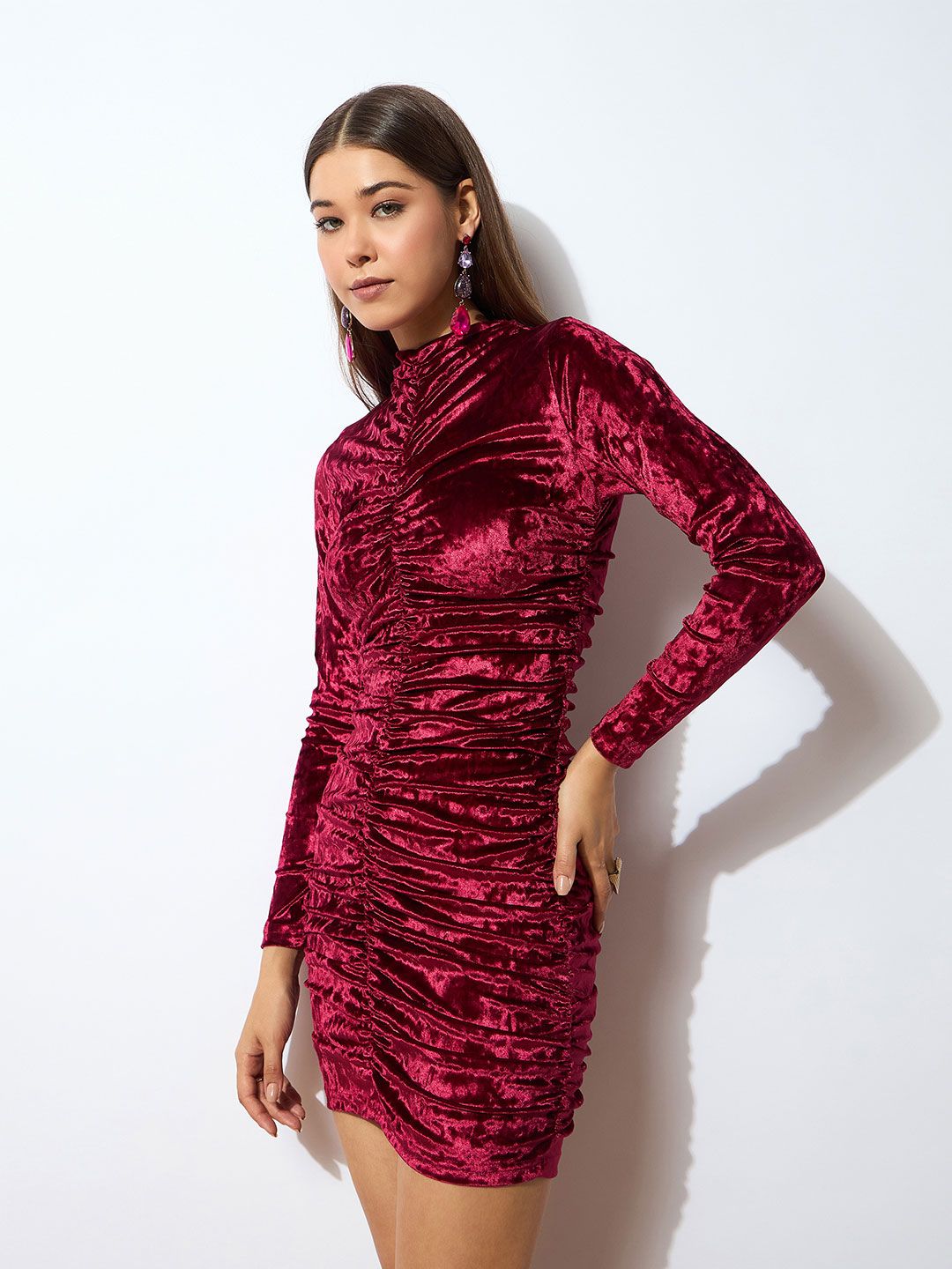 SASSAFRAS Round Neck Ruched Velvet Bodycon Dress