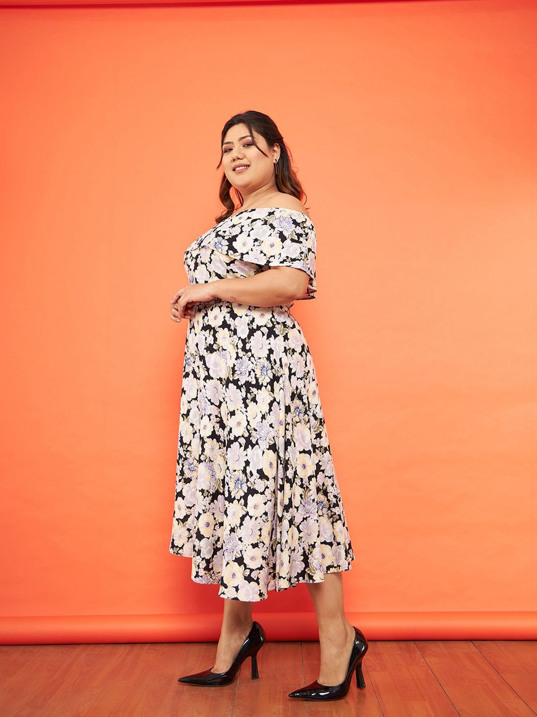 SASSAFRAS Curve Plus Size Floral Printed Off-Shoulder Midi Dress