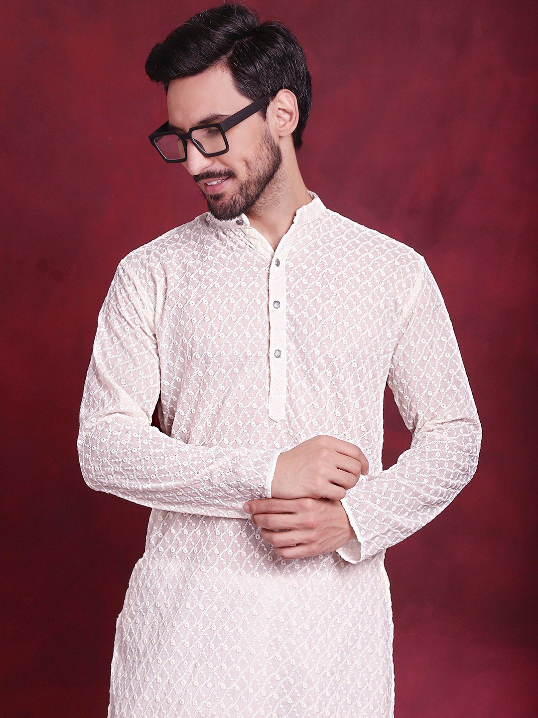 Jompers Ethnic Motifs Embroidered Band Collar Chikankari Cotton Straight Kurta