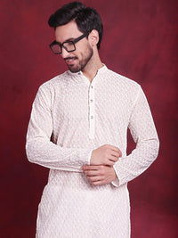 Jompers Ethnic Motifs Embroidered Band Collar Chikankari Cotton Straight Kurta