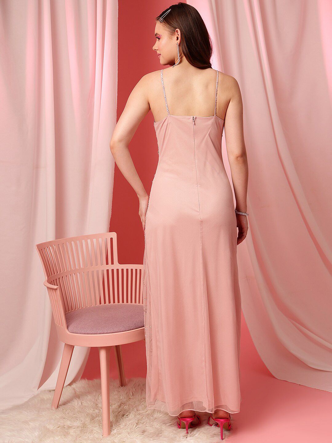 STREET 9 Pink Shoulder Straps Embellished Sequinned Net Maxi Dress