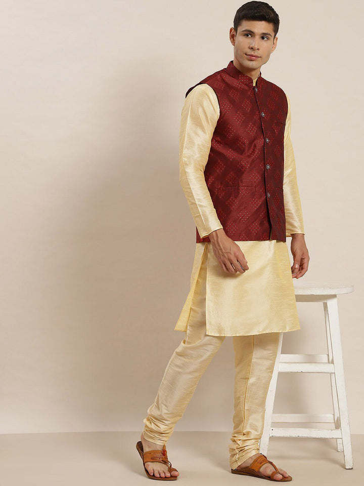 SOJANYA Mandarin Collar Regular Kurta with Churidar with Woven Design Nehru Jacket