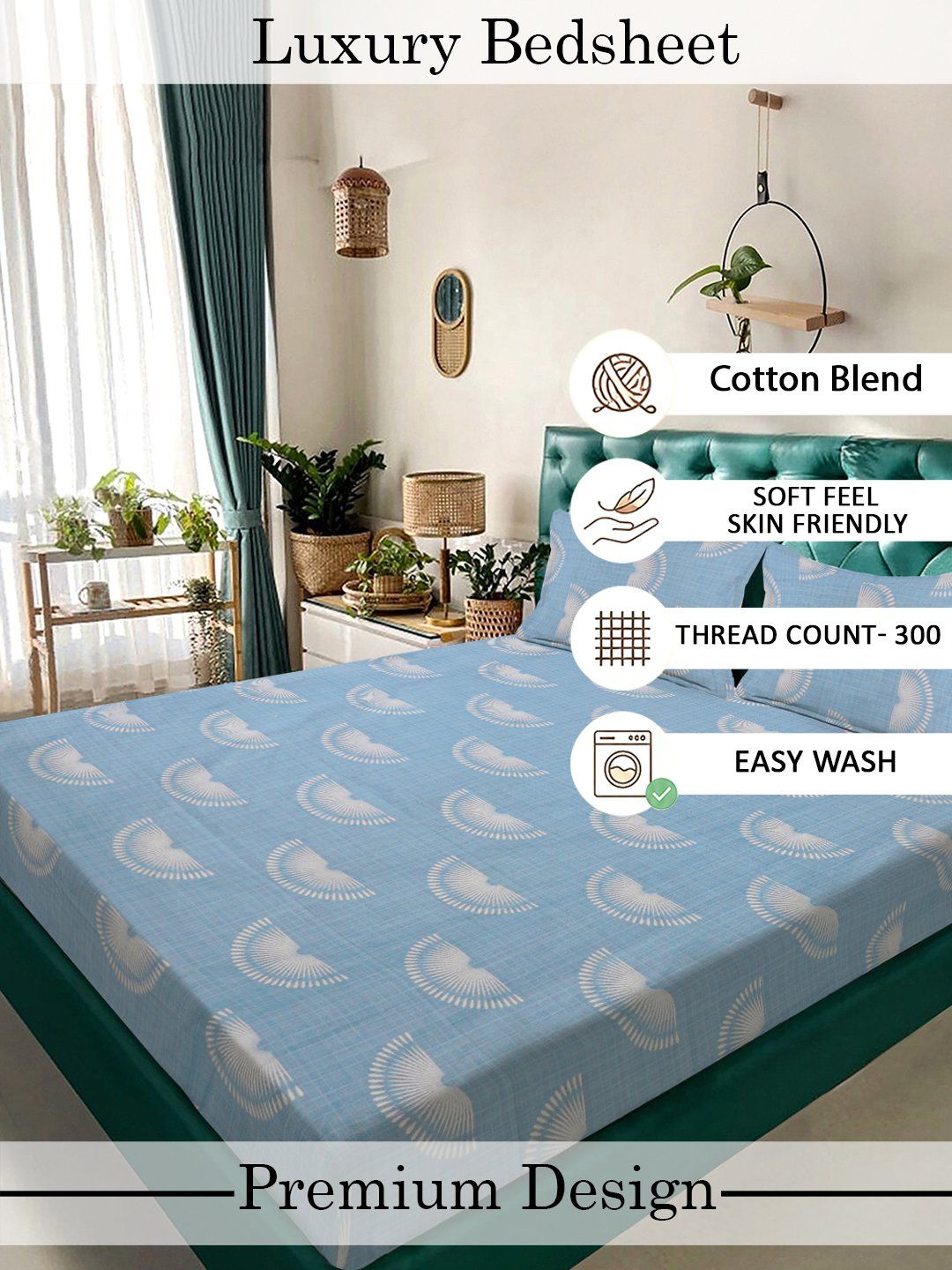 Myntra Elegant Homes Blue & White Geometric 300 TC King Bedsheet with 2 Pillow Covers
