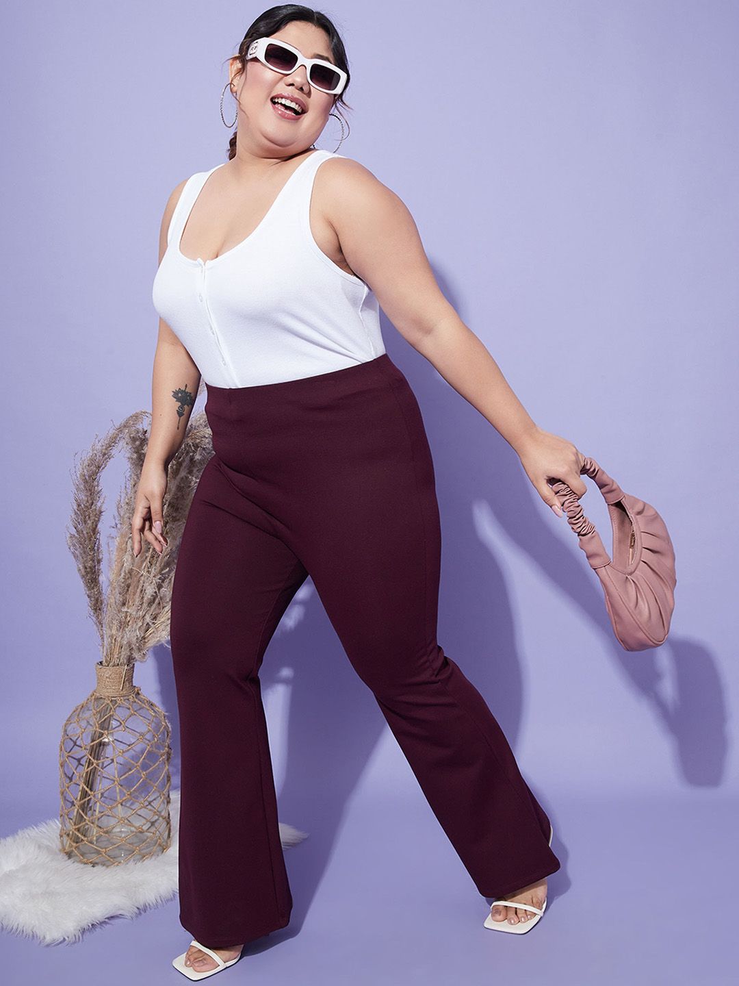 SASSAFRAS Curve Women  4-Way Stretch Bell Bottom High-Rise Trousers