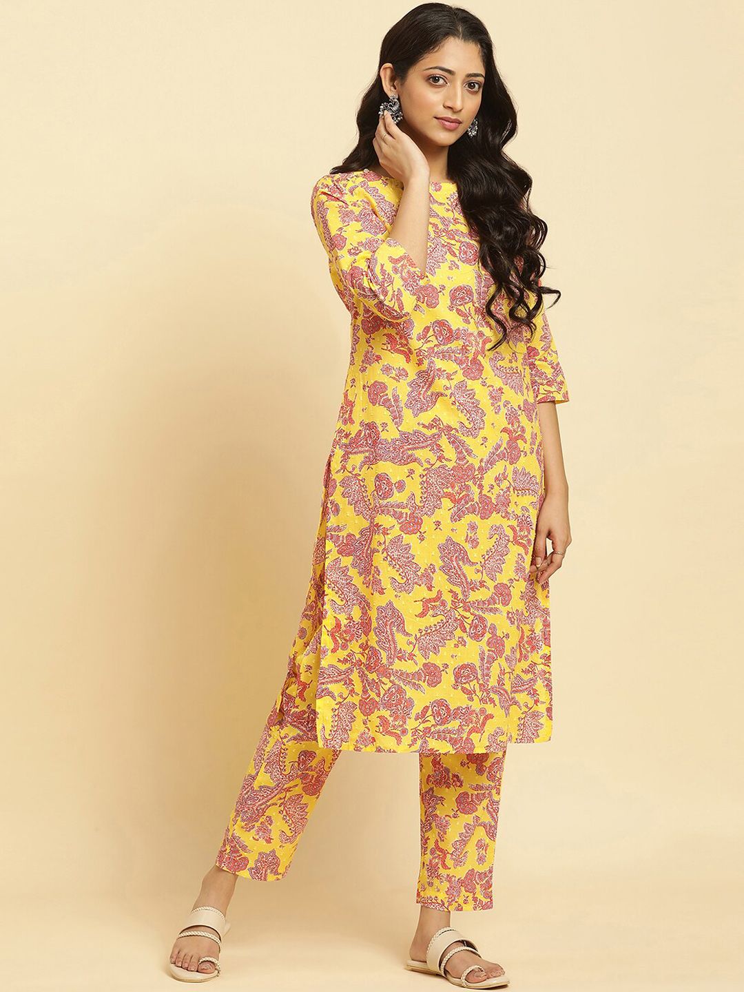 W Floral Printed Regular Pure Cotton Kurta with Trousers