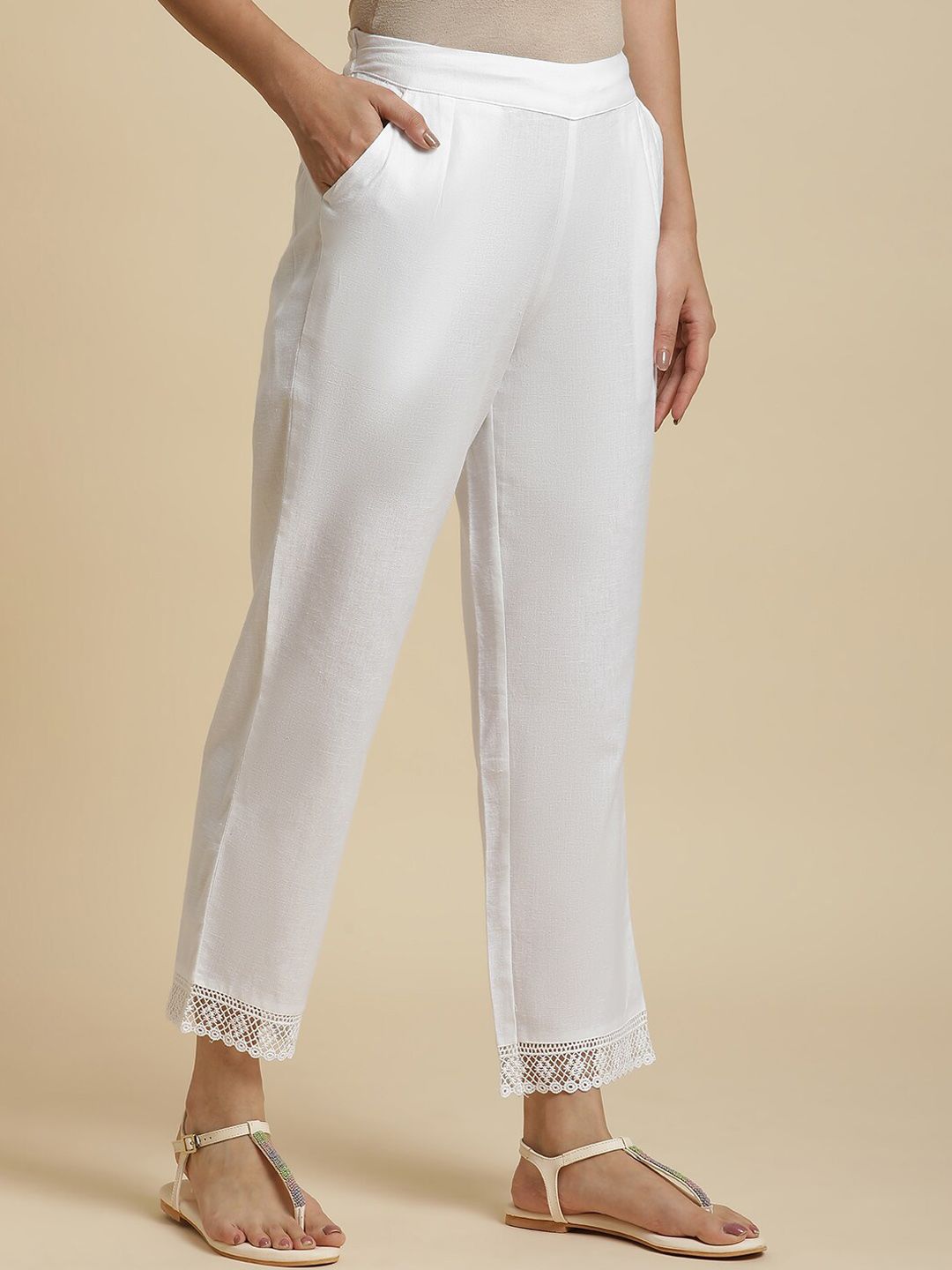 W Plain Straight Fit Mid Rise Cotton Parallel Trousers