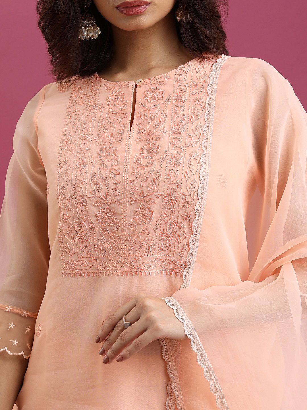 Vishudh Peach-Coloured Ethnic Motifs Yoke Design Thread Work Kurta With Palazzos & Dupatta