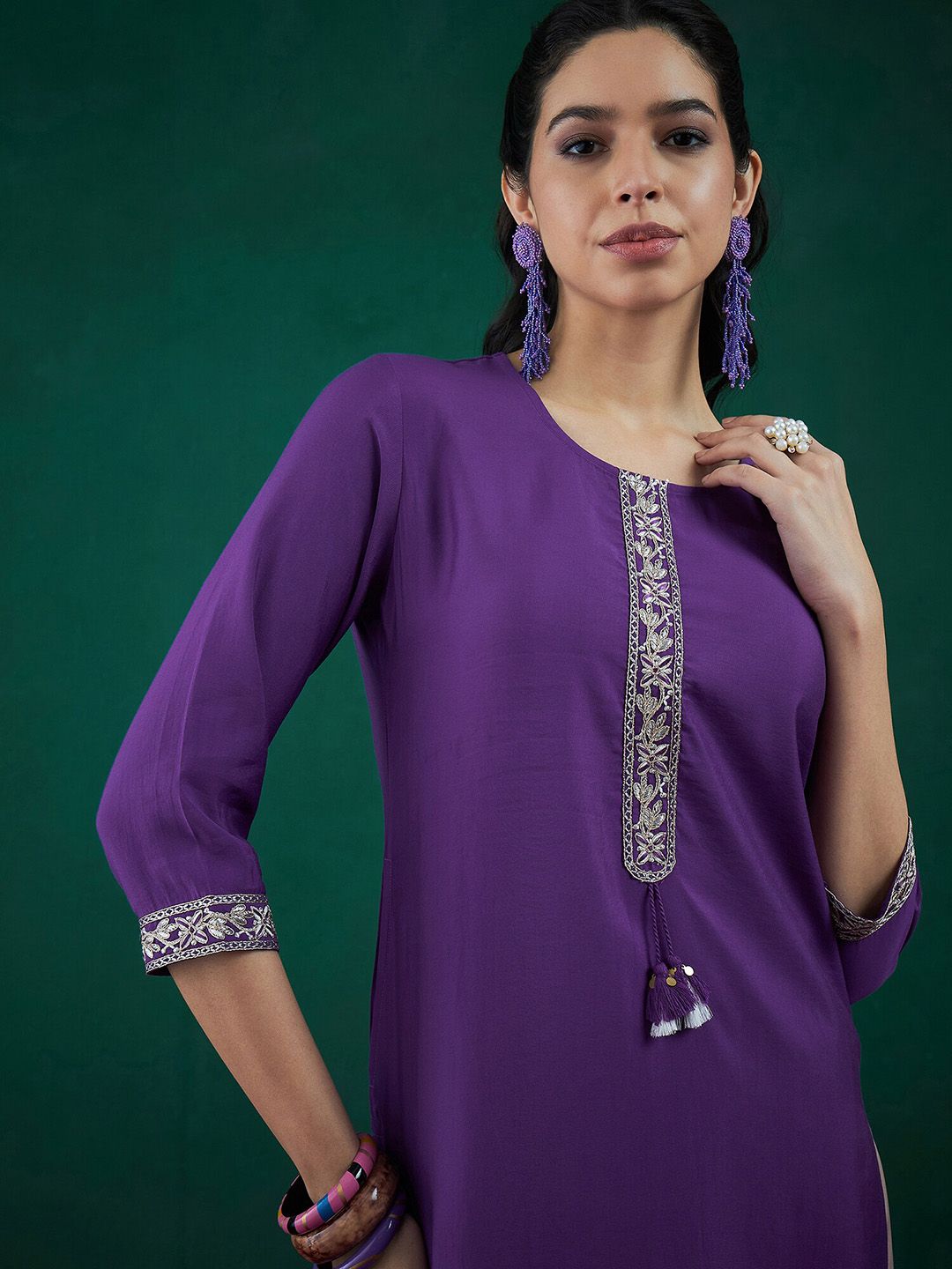 Indo Era Purple Ethnic Motifs Yoke Design Thread Work Chanderi Silk Straight Kurta