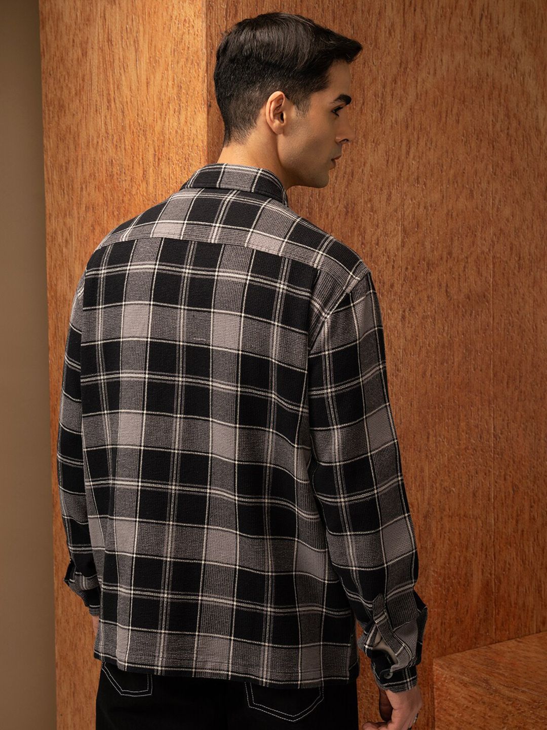 LOCOMOTIVE Premium Oversized Waffle Dobby Textured Checked Utility Pocket Overshirt