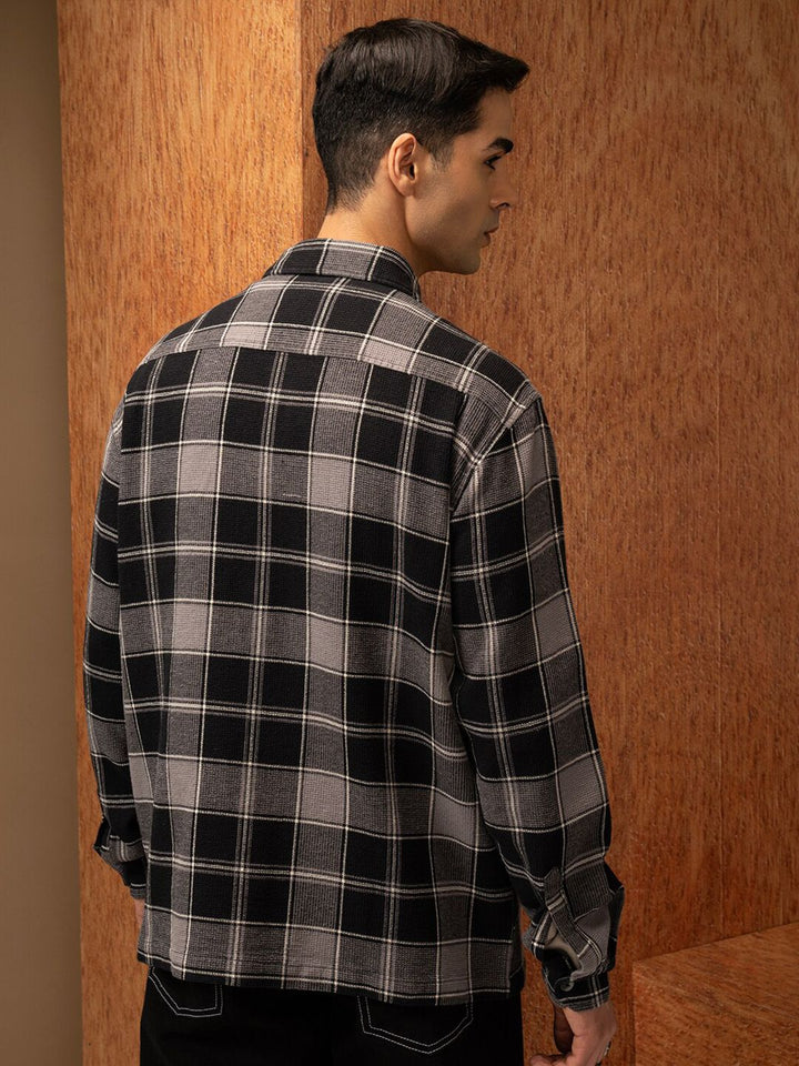 LOCOMOTIVE Premium Oversized Waffle Dobby Textured Checked Utility Pocket Overshirt
