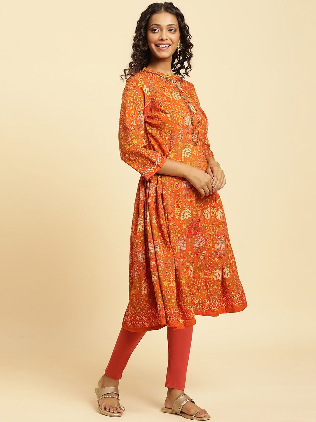 W Orange Ethnic Motifs Printed Mandarin Collar Sequinned Kurta