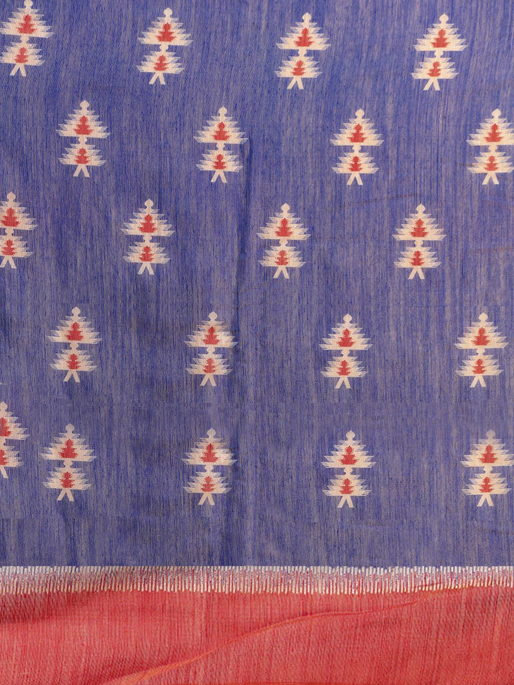 Saree mall Blue & Rust Orange Cotton Blend Printed Ikat Saree