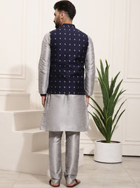 SOJANYA Men Grey & Black Self-Design Kurta with Churidar & Nehru Jacket