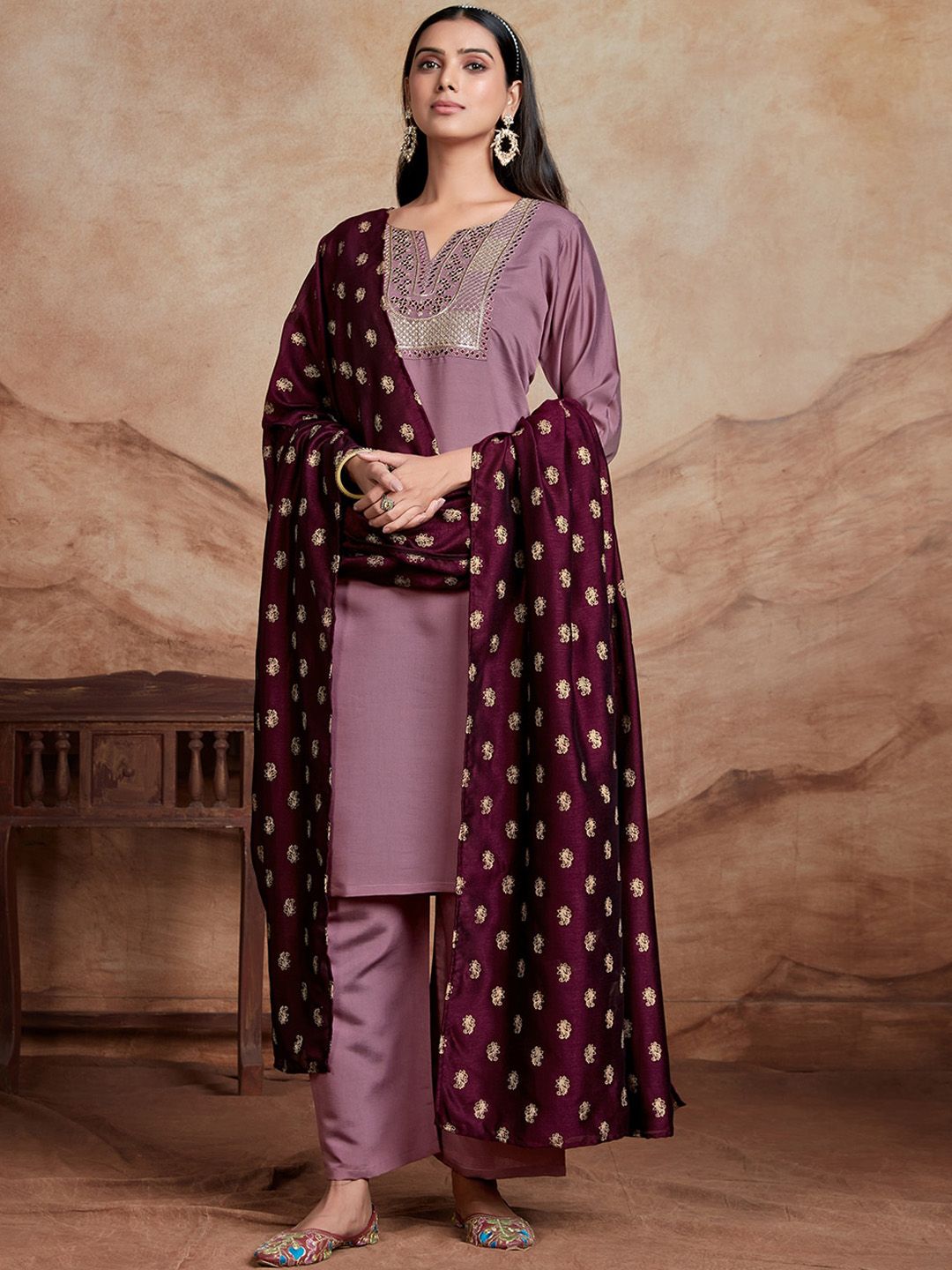 KALINI Ethnic Motifs Embroidered Chanderi Silk Straight Kurta With Palazzos & Dupatta
