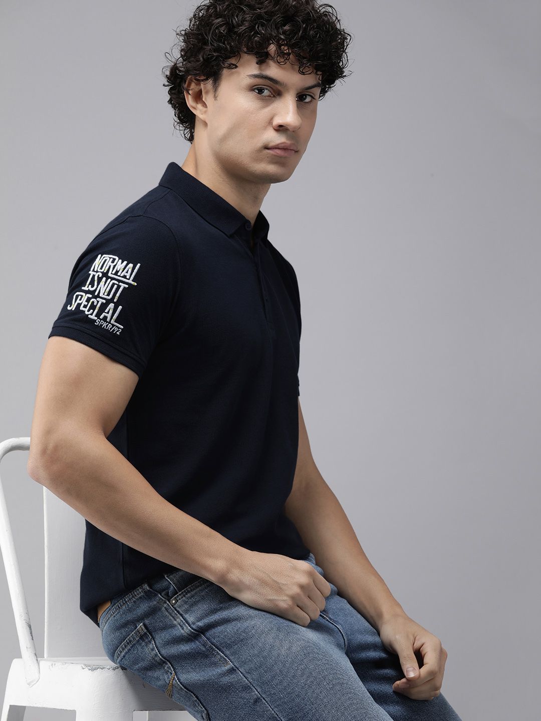 SPYKAR Men Polo Collar Indigo Pure Cotton Slim Fit T-shirt With Minimal Embroidered Detail