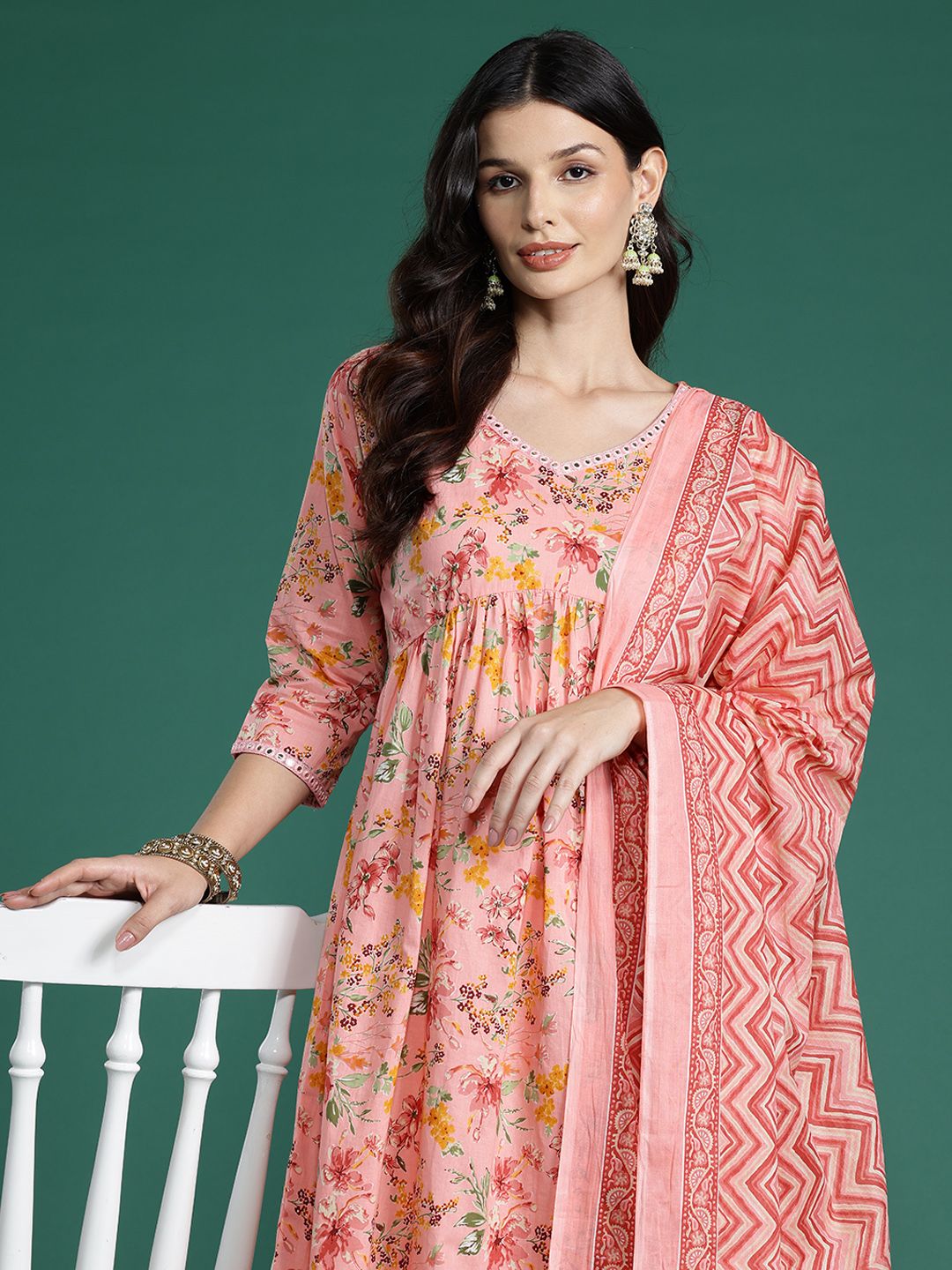 Indo Era Floral Printed Empire Mirror Work Pure Cotton Kurta With Trousers & Dupatta
