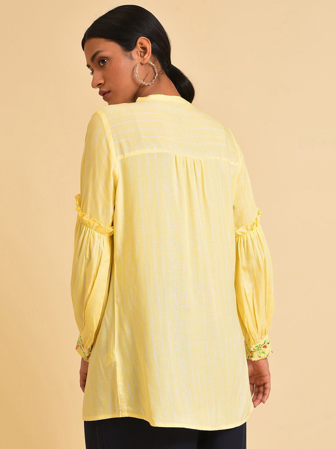 W Yellow & Red Floral Printed Mandarin Collar Shirt Style Longline Top