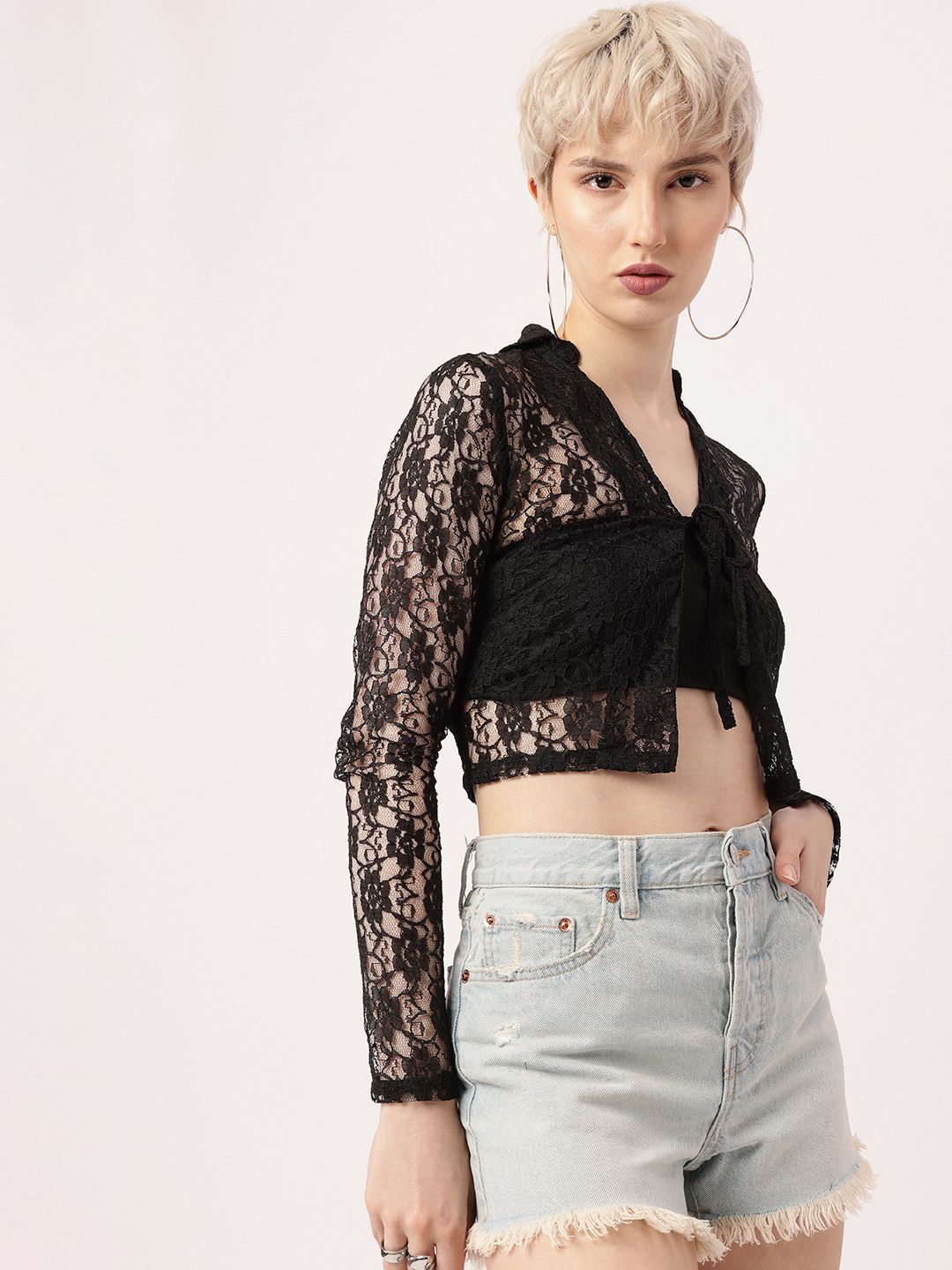 DressBerry Korean Street Sheer Chic Shirt Style Lace Crop Top