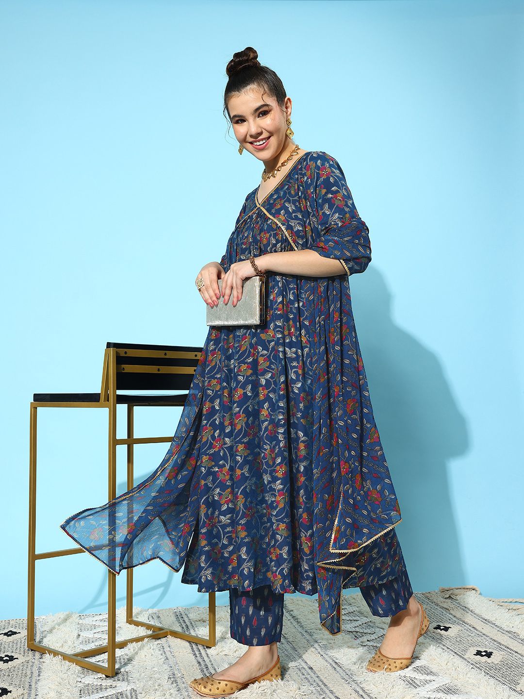 Libas Floral Printed High Slit Gotta Patti Kurta with Trousers & Dupatta