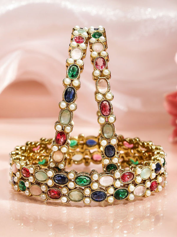 Rubans set 4 18K Zirkonia Berbentuk Emas & Pearl Beaded Designer Bangles