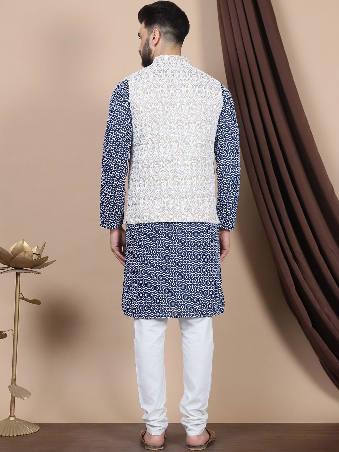 Anouk Navy Blue Ethnic Motifs Printed Pure Cotton Kurta with Churidar