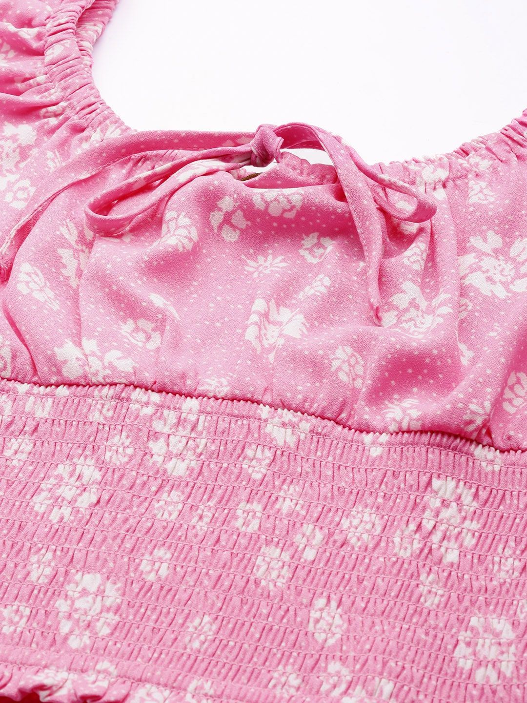 DressBerry Pink & White Floral Print Smocked Empire Crop Top