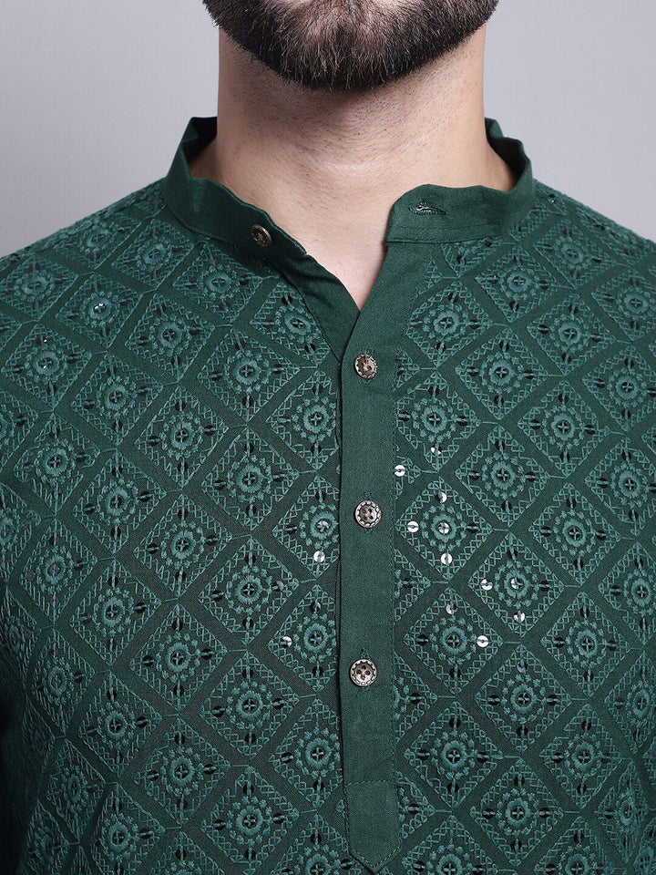 SOJANYA Turutan Sulam Geometrik Kolar Mandarin Kurta Kapas Tulen