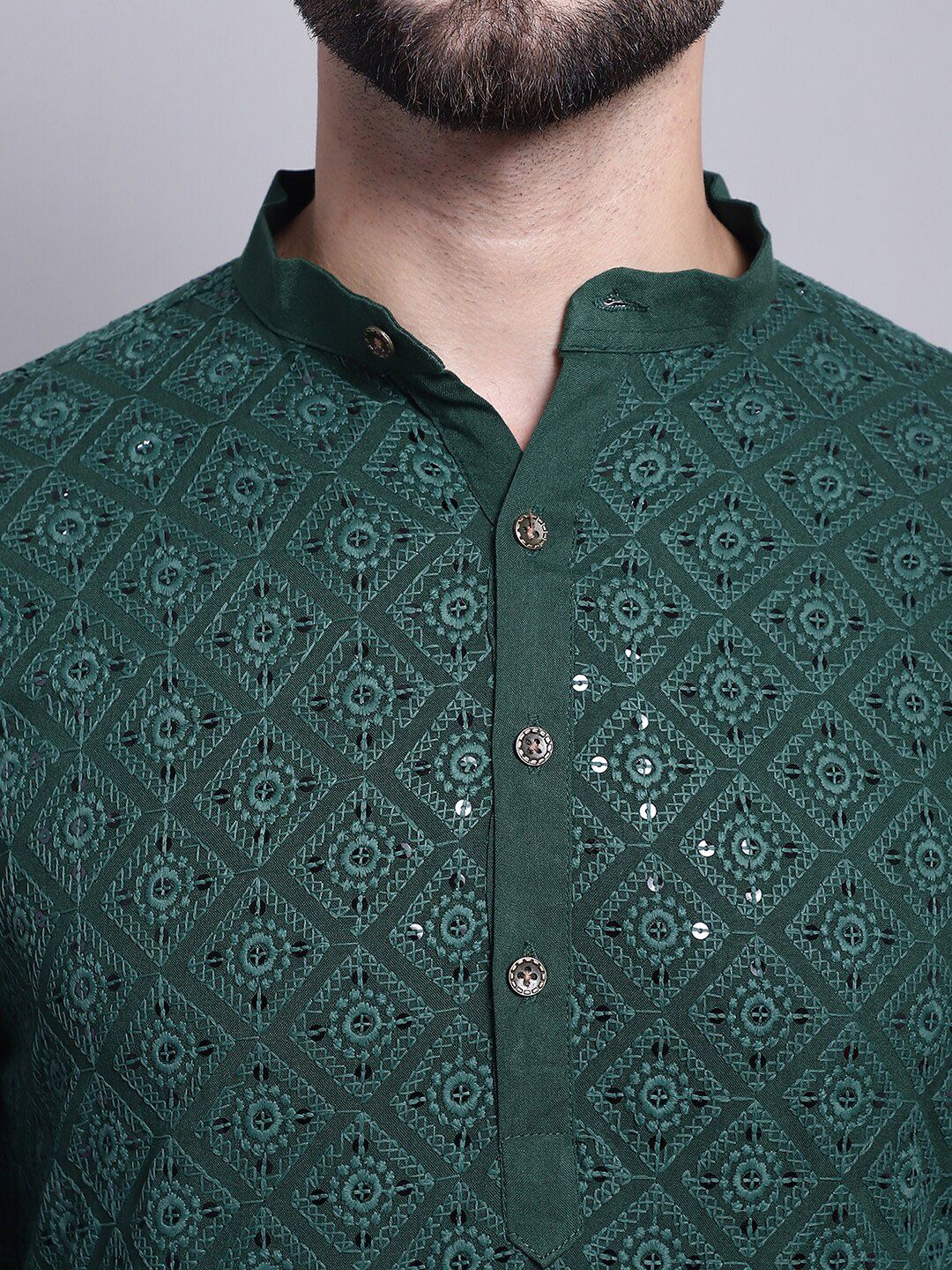 SOJANYA Turutan Sulam Geometrik Kolar Mandarin Kurta Kapas Tulen