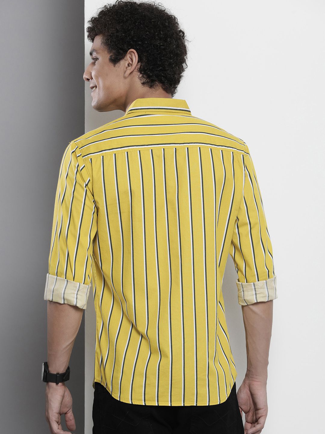 The Indian Garage Co Men Mustard Yellow & Green Striped Cotton Casual Shirt