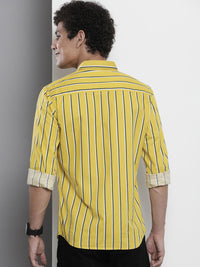 The Indian Garage Co Men Mustard Yellow & Green Striped Cotton Casual Shirt