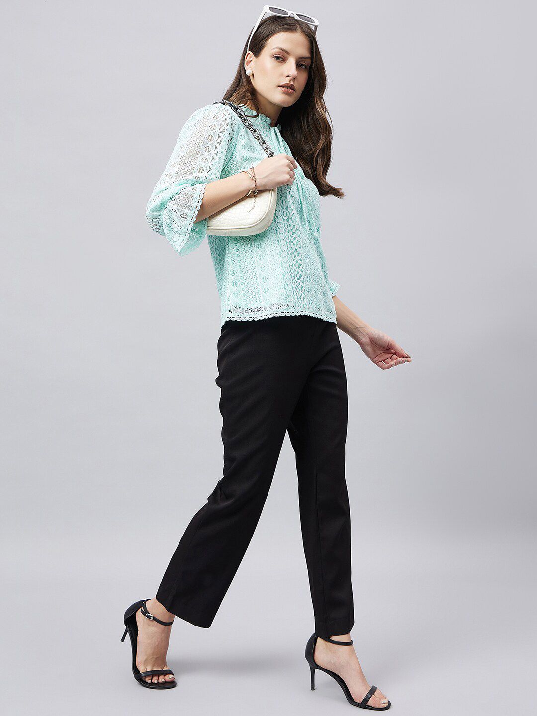 Style Quotient Tie-Up Neck Bell Sleeve Cotton Lace Top