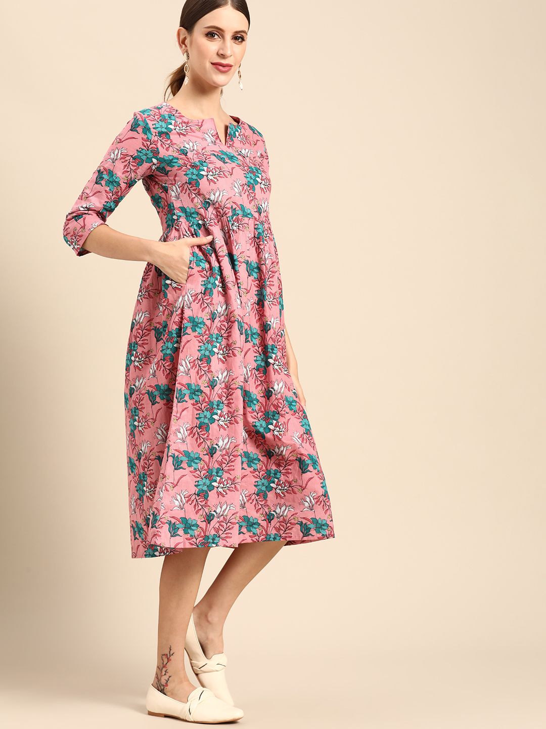 Anouk Women Pink & Blue Ethnic Motifs Print Pure Cotton A-Line Midi Dress