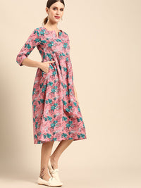 Anouk Women Pink & Blue Ethnic Motifs Print Pure Cotton A-Line Midi Dress