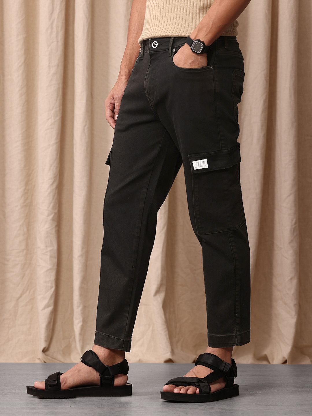 Mr Bowerbird Men Cropped Tapered Fit Light Fade Cargo Style Stretchable Jeans