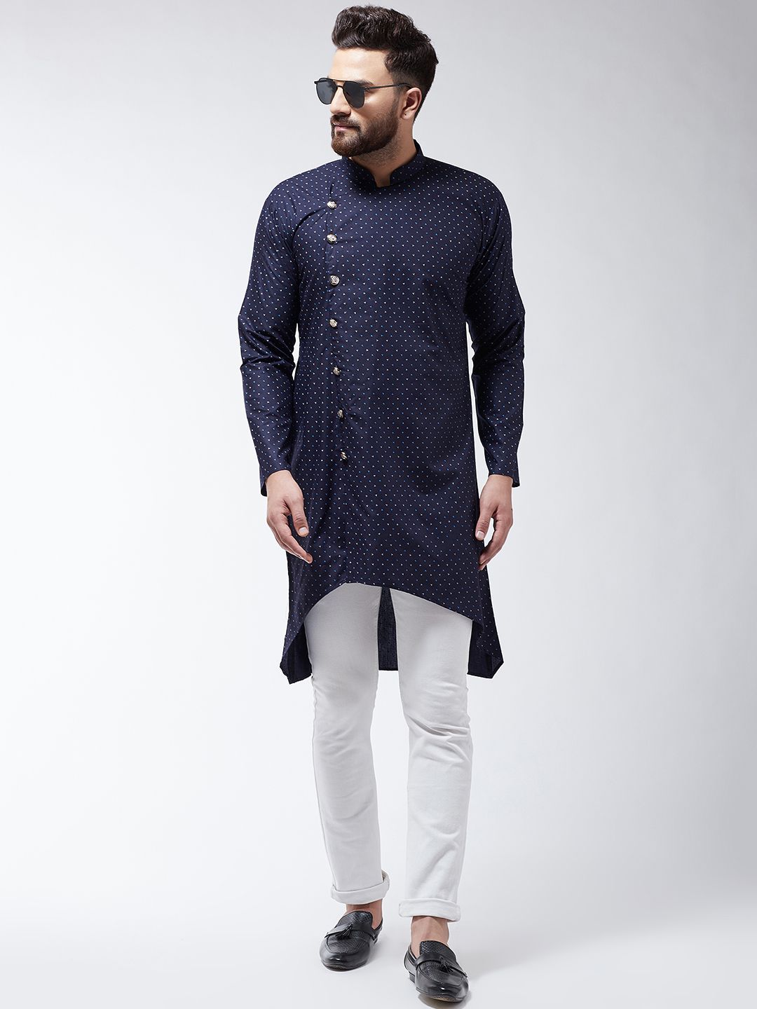 SOJANYA Lelaki Navy Blue Printed Cotton Linen Kurta Lurus