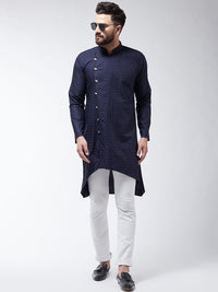 SOJANYA Lelaki Navy Blue Printed Cotton Linen Kurta Lurus