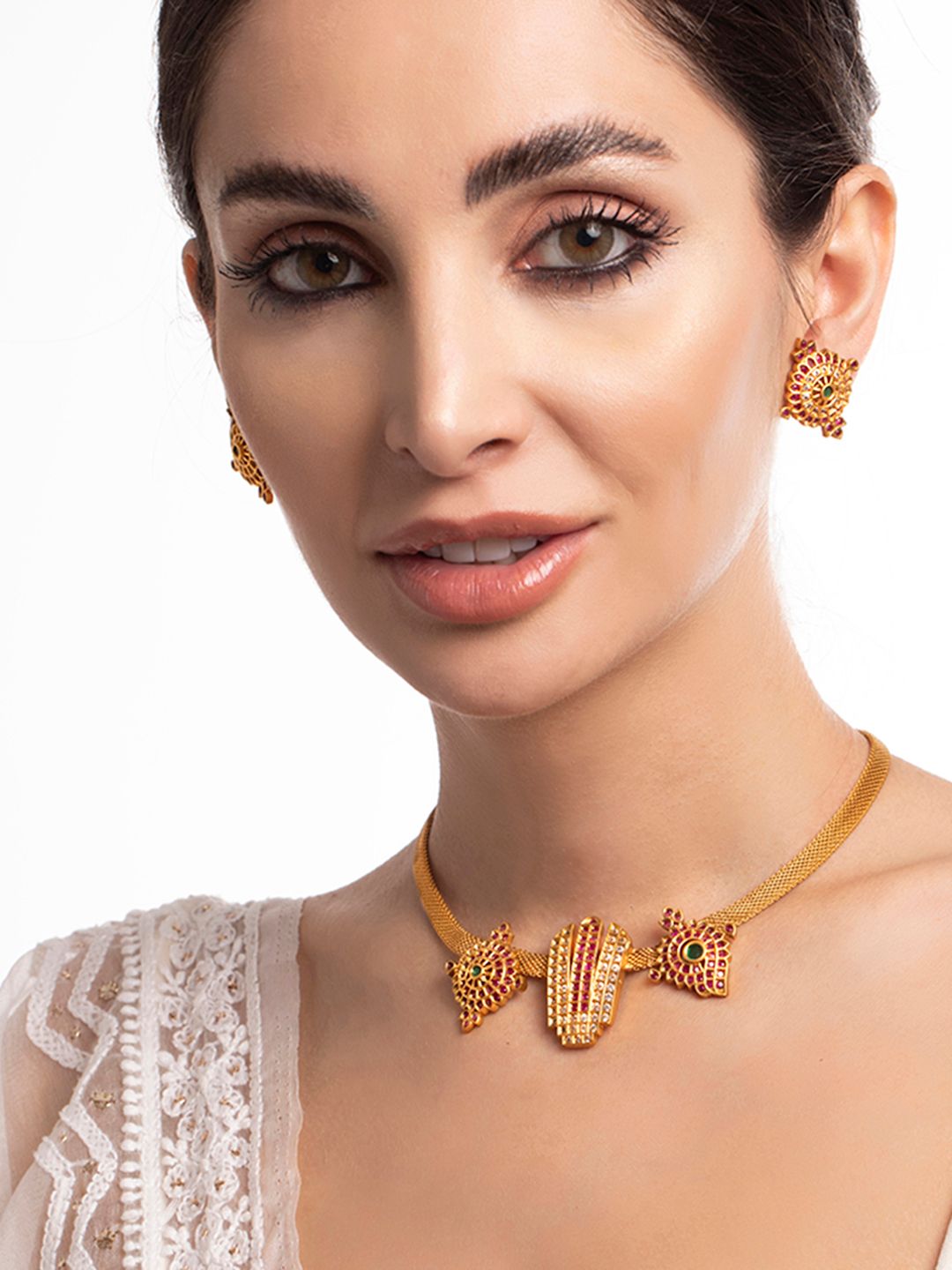 Rubans 22K Gold-Plated Ruby Pink Emerald Green & White Stone Studded Necklace Set