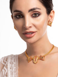 Rubans 22K Gold-Plated Ruby Pink Emerald Green & White Stone Studded Necklace Set