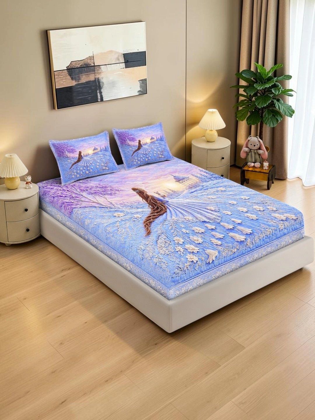 KLOTTHE Purple & Blue Floral 400 TC King Bedsheet with 2 Pillow Covers