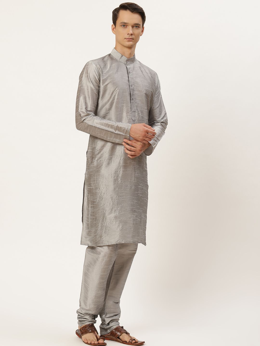 SOJANYA Men White & Grey Floral Print Kurta & Churidar with Tailored Jacket