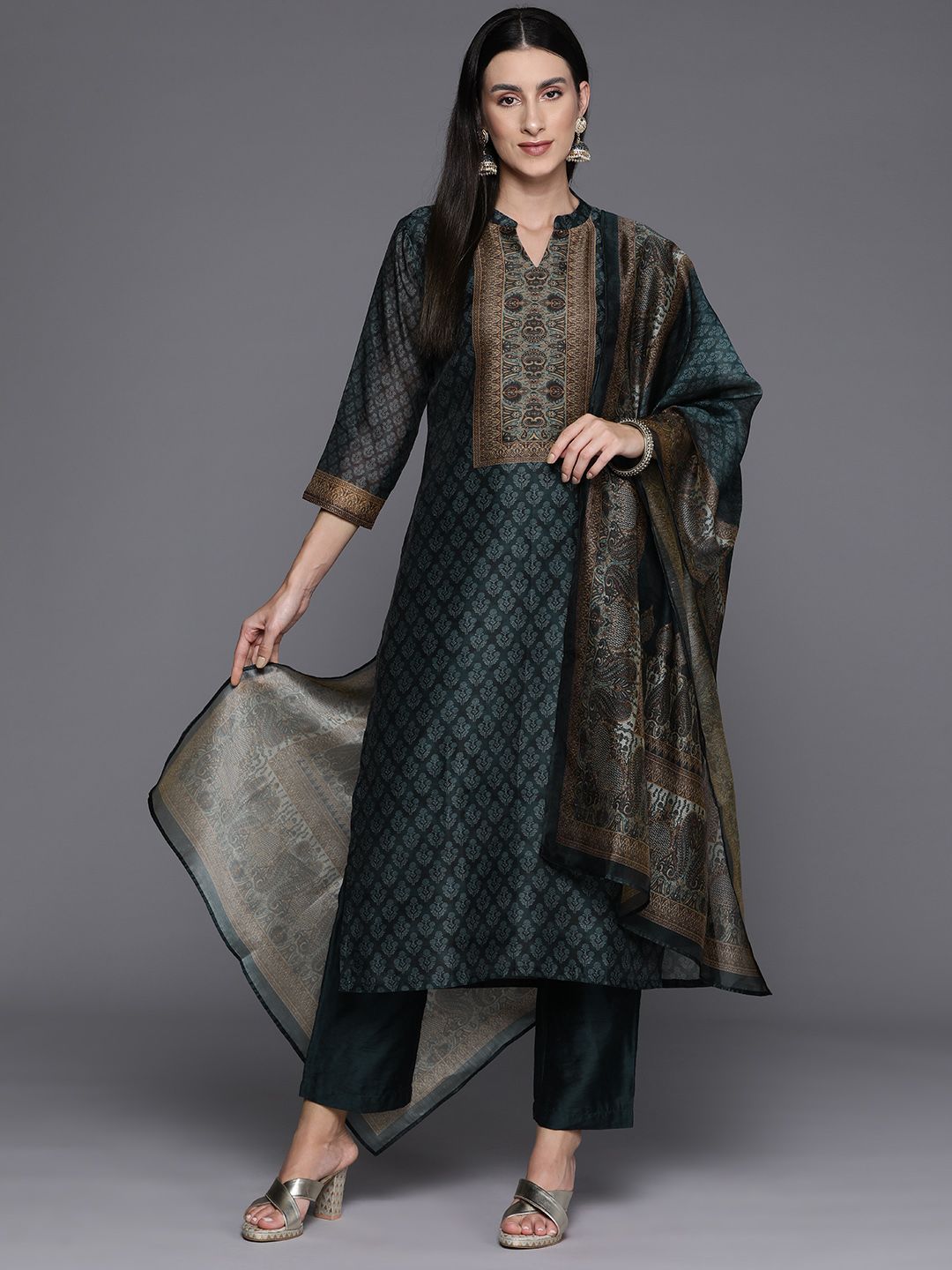 Varanga Ethnic Printed Chanderi Silk Kurta with Trouser and Dupatta