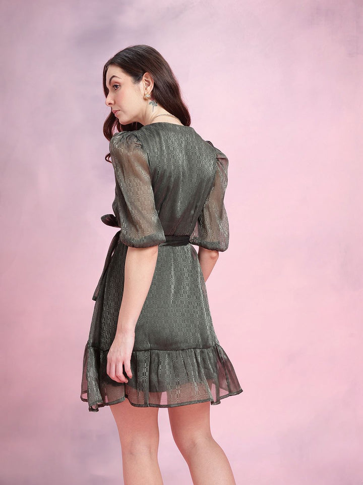 DressBerry Geometric Self-Design Puff Sleeves Party Fit & Flare Dress with Belt