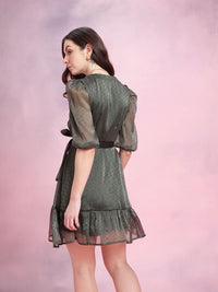 DressBerry Geometric Self-Design Puff Sleeves Party Fit & Flare Dress with Belt