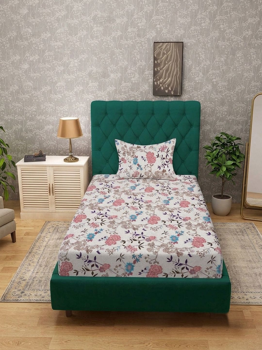 Myntra Elegant Homes White & Pink Floral 300 TC Cadar Tempat Tidur Single dengan 1 Sarung Bantal